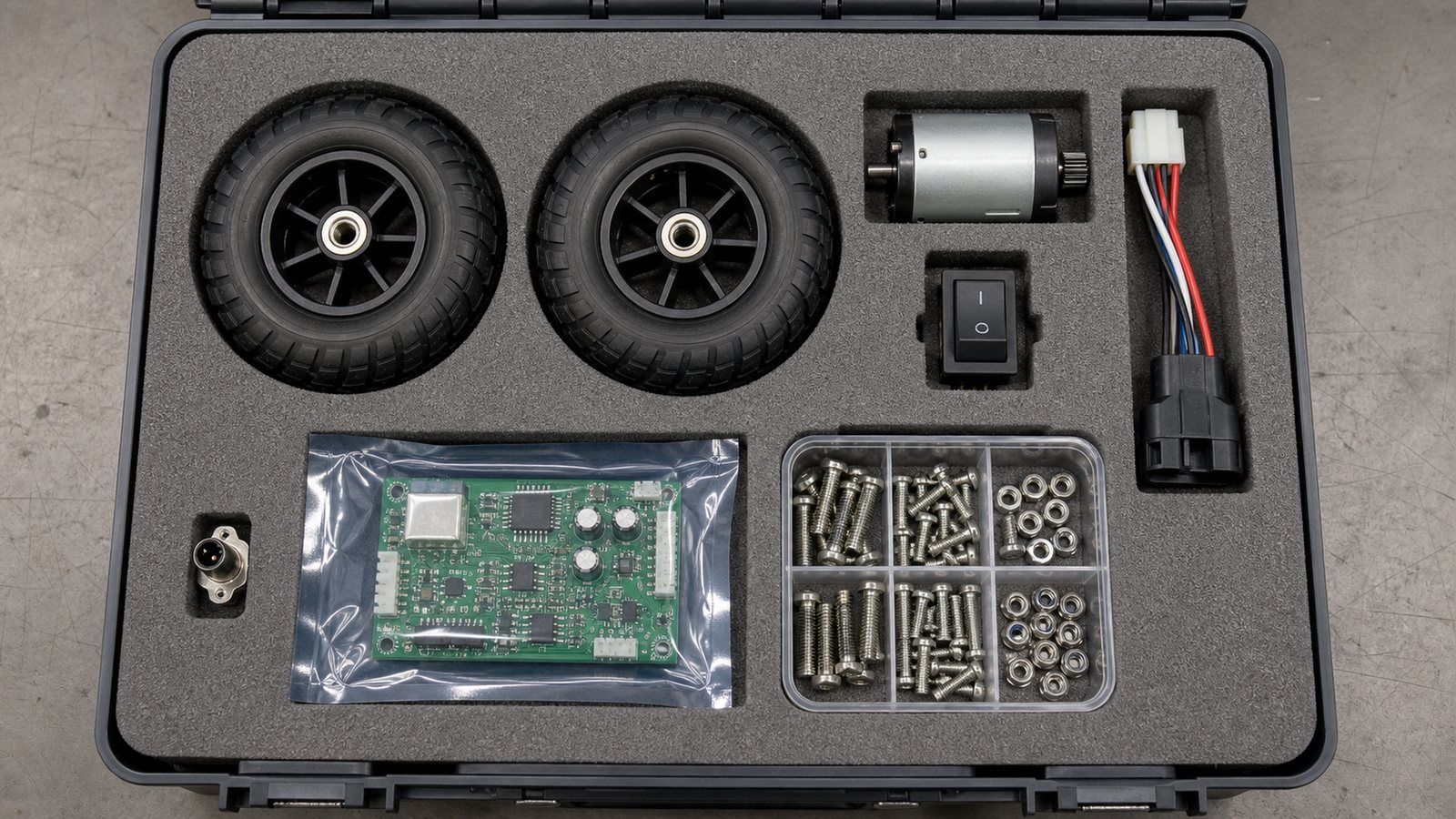 Ball machine spare parts kit laid out in a foam-lined case: throwing wheels, gear motor, switch, wiring loom, charge port and control board