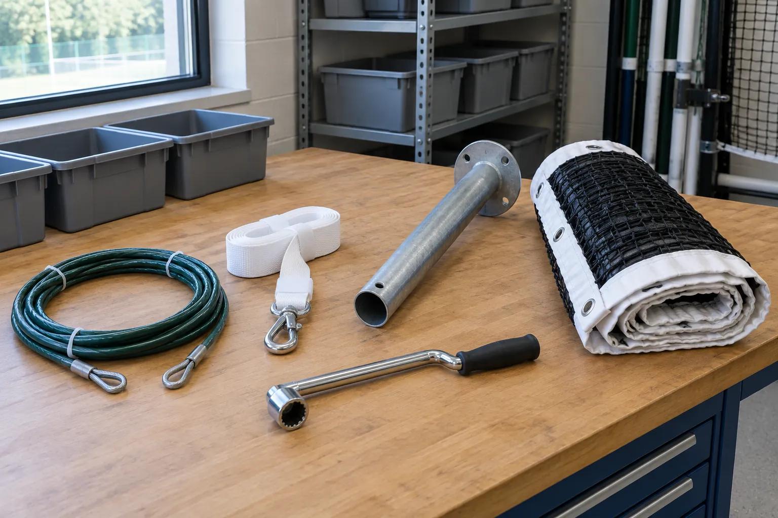A net spares kit laid out on a workbench: a coiled vinyl-coated net cable, a white center strap with hook-and-loop closure and snap hook, a galvanized anchor pipe, a chrome crank handle and a rolled net panel, with plain storage bins behind