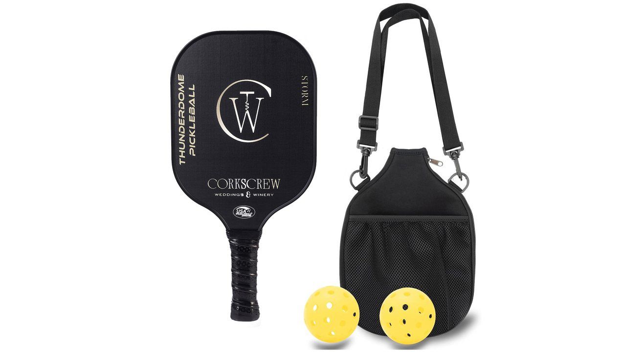 Branded custom pickleball paddle kit with paddle, two balls and a carry bag, a starter SKU for a new brand