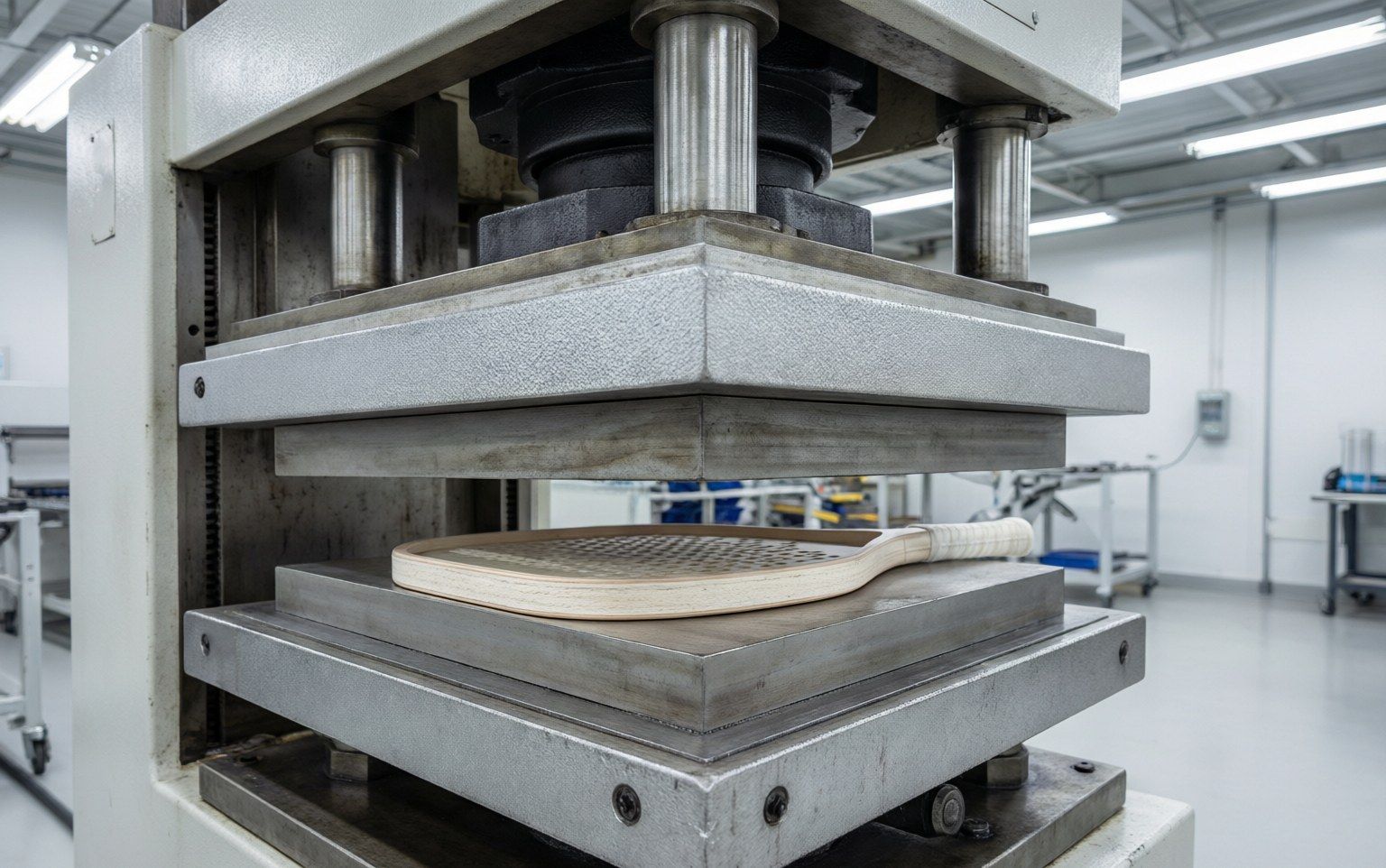 Thermoforming press used in pickleball paddle lamination showing heated platens and pressure system