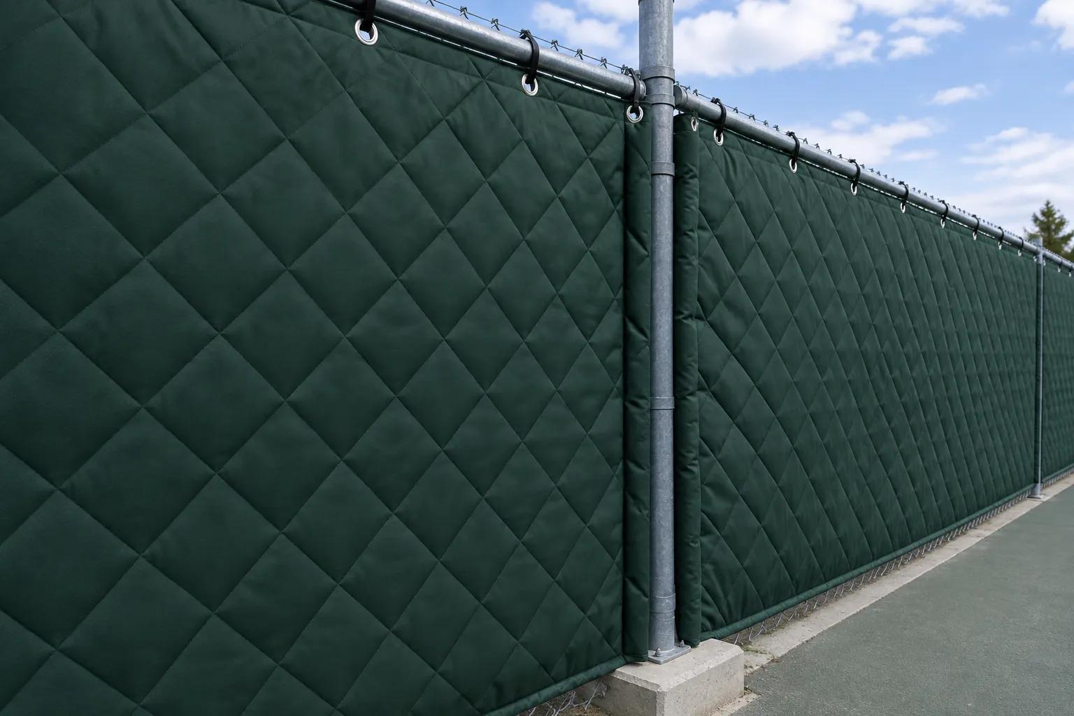 Dark green quilted acoustic blanket panels hung on a court chain-link fence with steel grommets and cable ties, the seams overlapped at a galvanized line post on a concrete footing