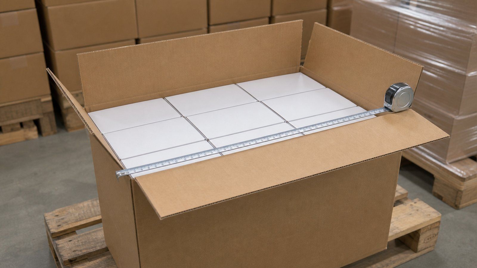 Open corrugated master carton on a warehouse pallet with white retail set boxes tessellated in a visible three-by-two grid and a steel tape measure laid across the carton opening