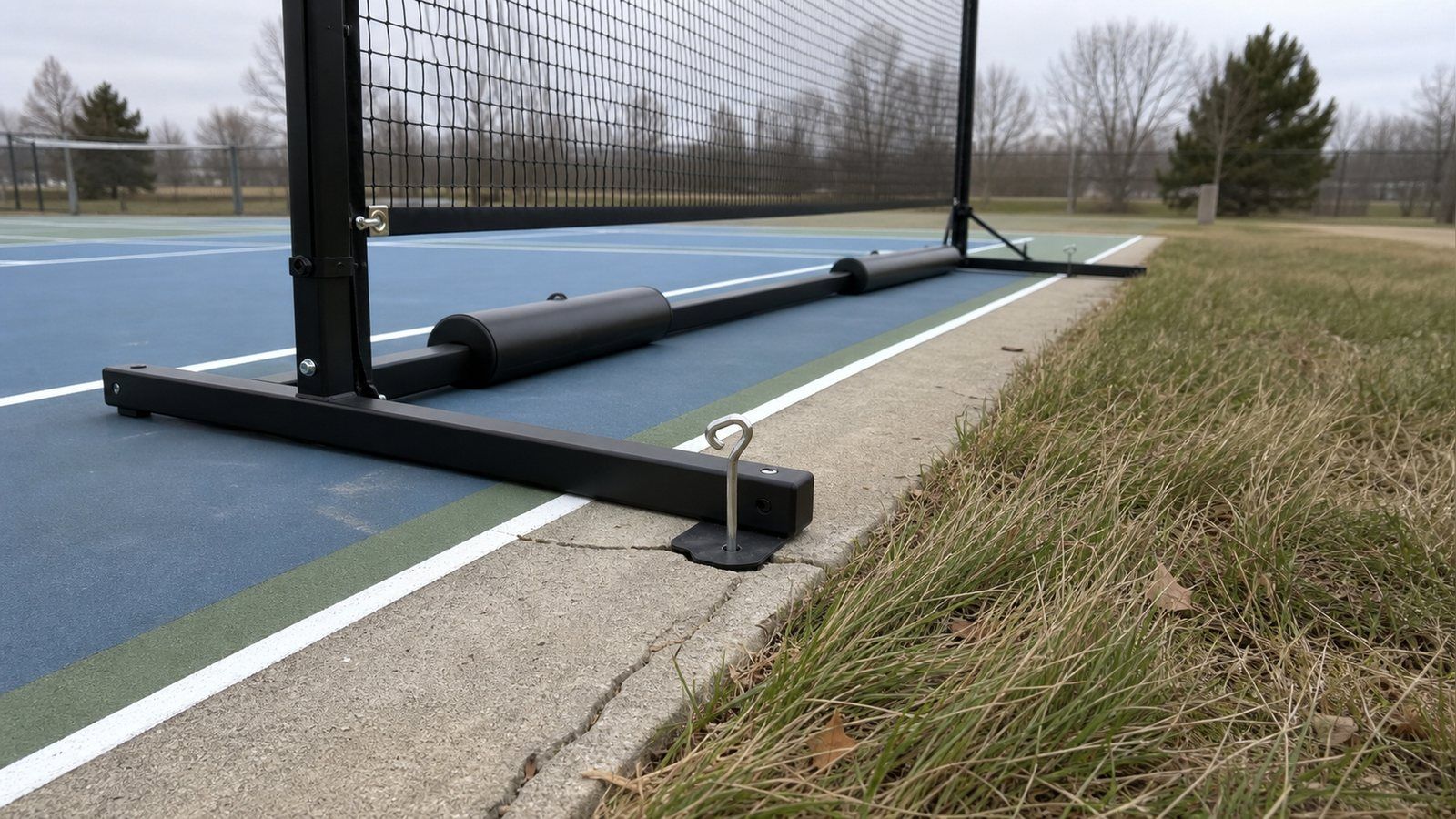 Ground-level view of a portable pickleball net base showing sand ballast tubes along the rails and a ground stake through an anchor tab