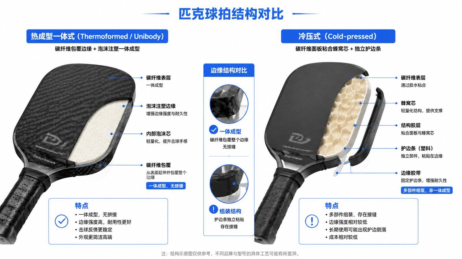 Comparison of thermoformed unibody and cold-pressed pickleball paddle construction
