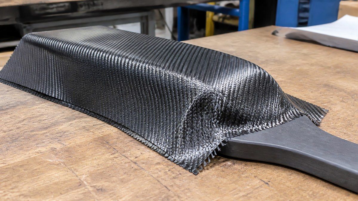 A sheet of carbon fibre fabric draped over a curved paddle-shaped mould, showing how the fabric conforms around the contour