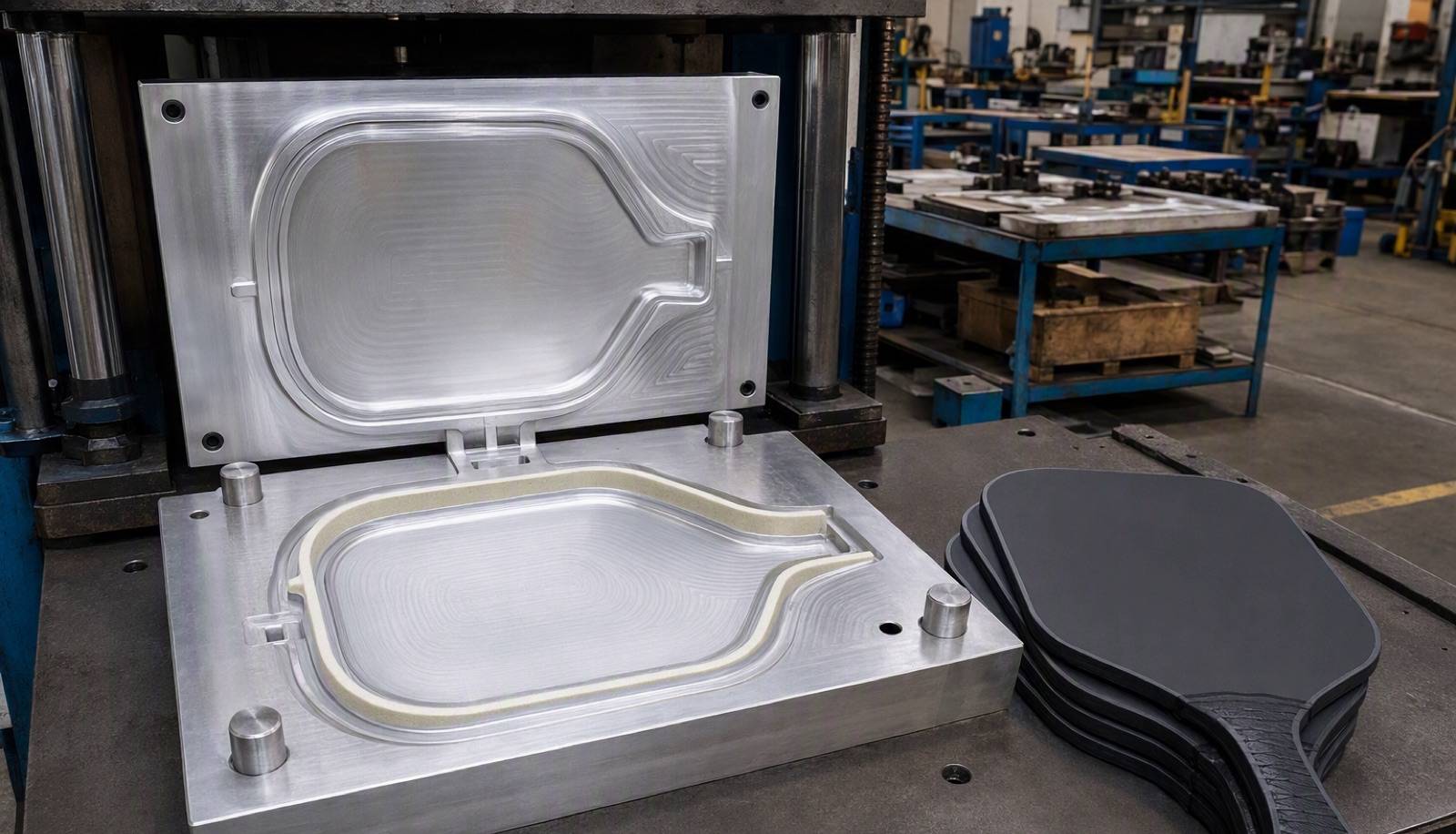 Paddle production tooling and mould set on a factory bench, the cavity depth that determines finished core thickness visible in the open die