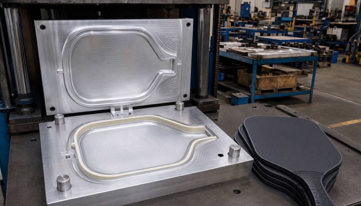 CNC machined aluminum pickleball paddle mold open on a press with finished paddle blanks