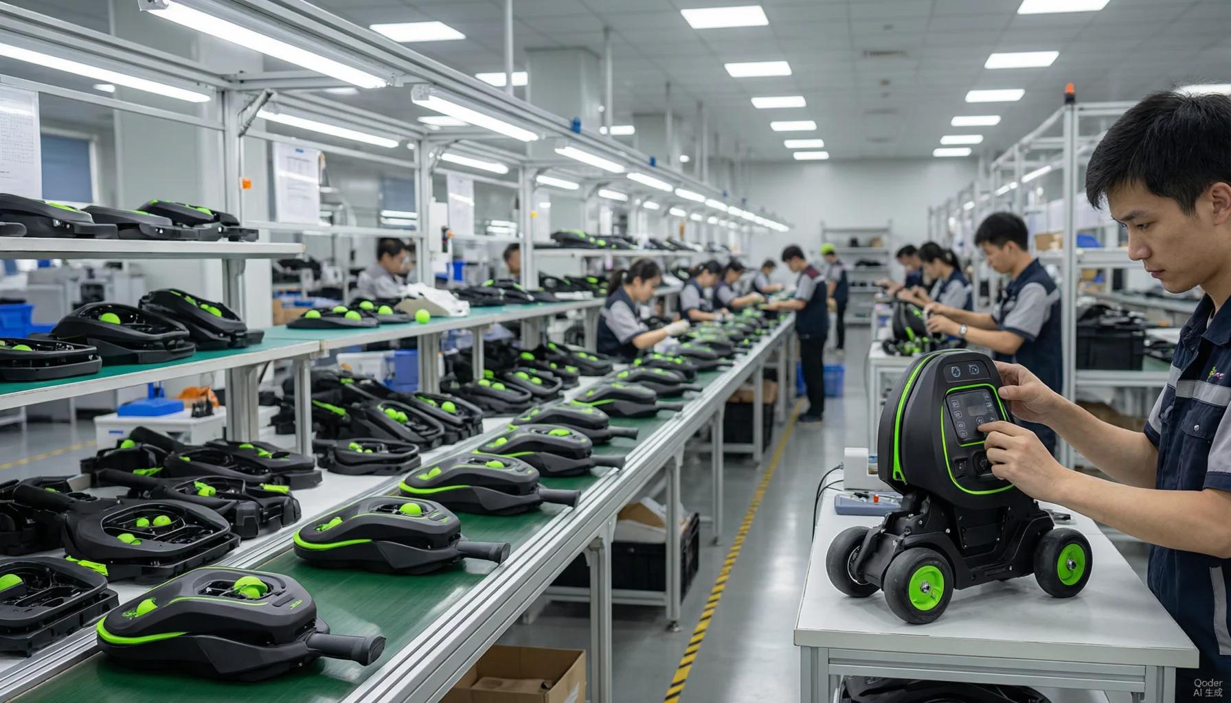 Pickleball ball machines on factory assembly line during quality testing phase
