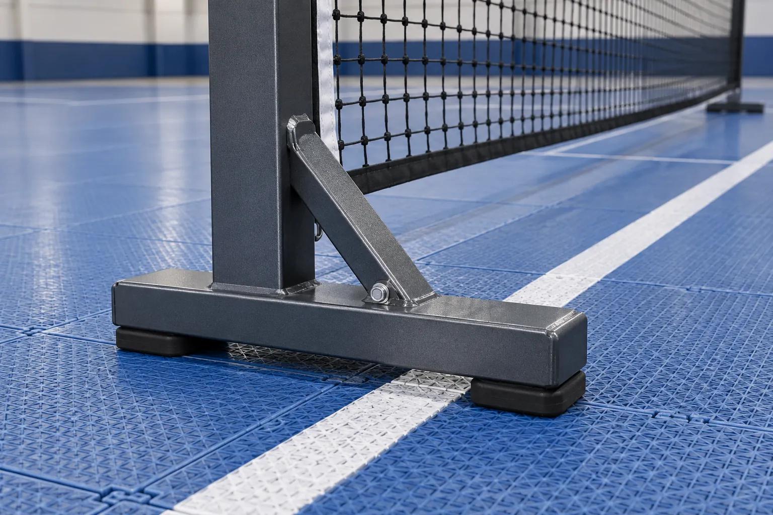 Steel base foot of a portable pickleball net frame resting on black rubber pads on blue interlocking court tiles, with a white sideline running under the foot and the net mesh above