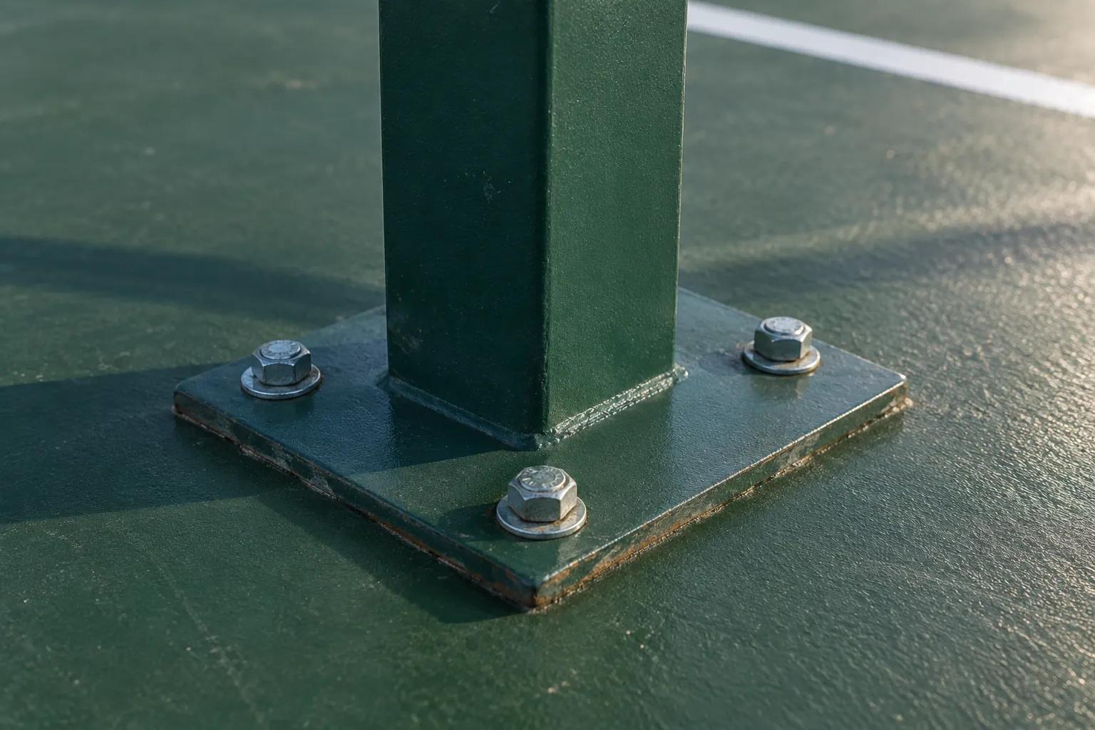 A square steel base plate bolted flat onto a green acrylic sports court surface with hex bolts and washers, a green powder-coated post rising from the centre of the plate, and a white court line behind