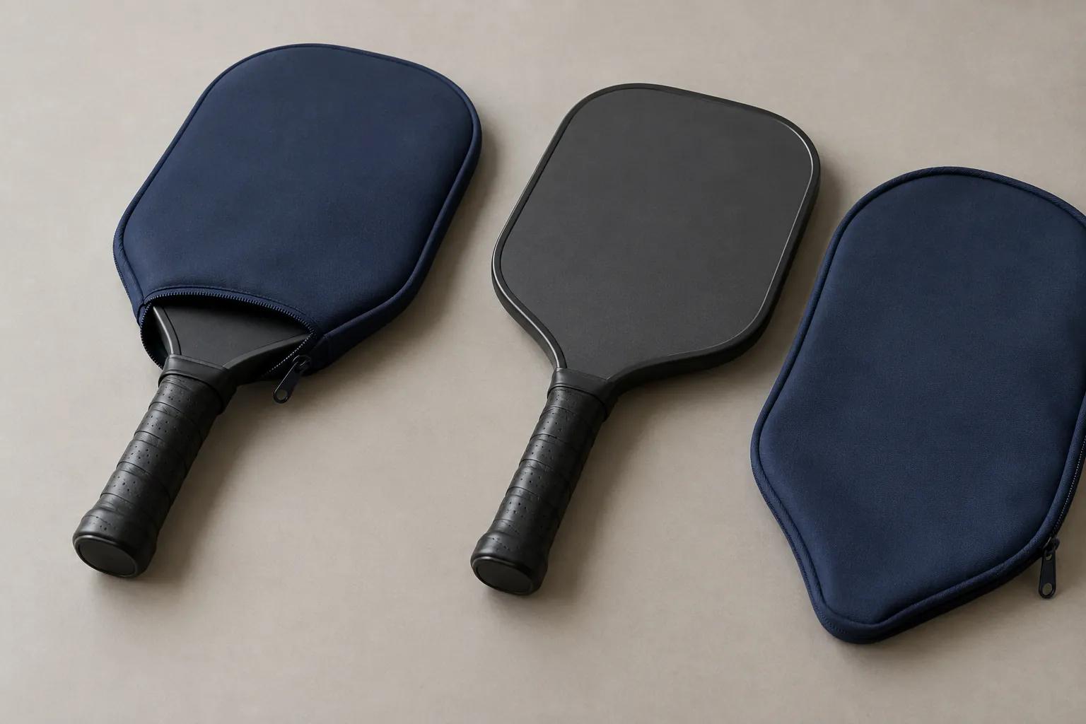 Illustration of a paddle in a fitted protective sleeve beside another paddle shape