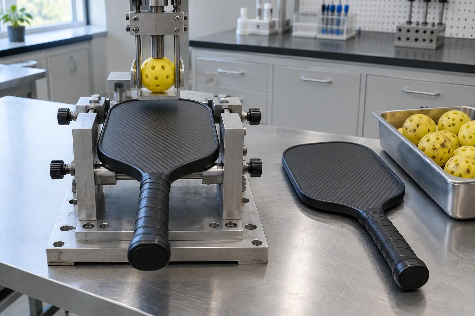 A blank carbon fiber pickleball paddle clamped in a steel test fixture under a ball drop guide, a second blank paddle and a tray of used balls beside it