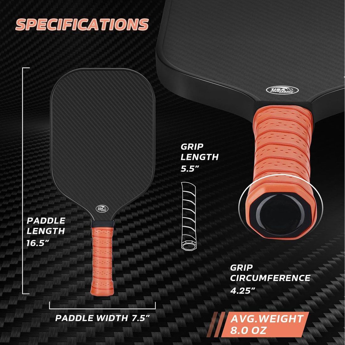 Carbon pickleball paddle specifications: 16.5 inch length, 7.5 inch width, 8.0 oz average weight and grip dimensions