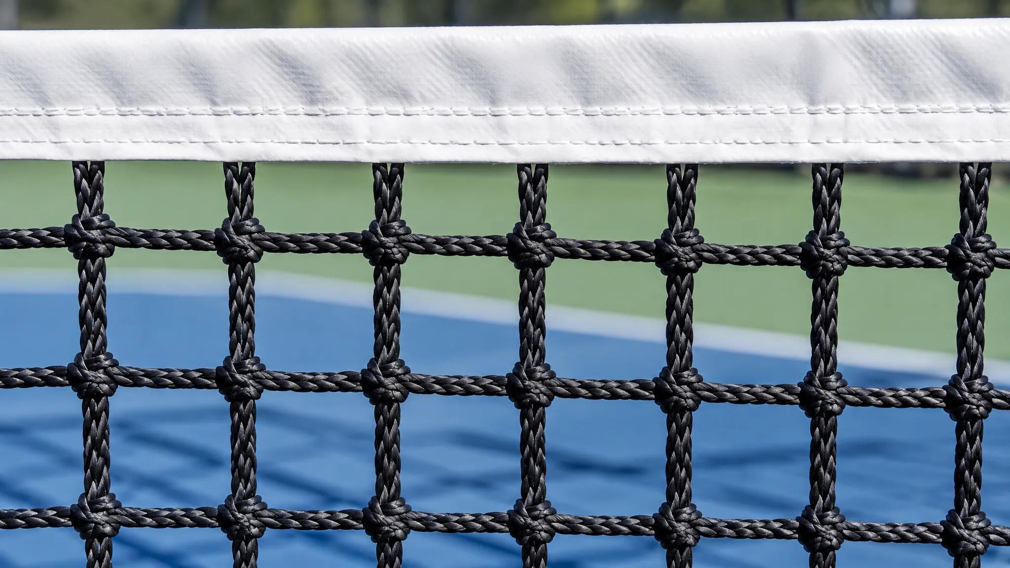Close-up of taut black braided polyethylene net mesh with square apertures, topped by a white vinyl-coated binding tape with visible stitching, against a blurred blue and green outdoor court