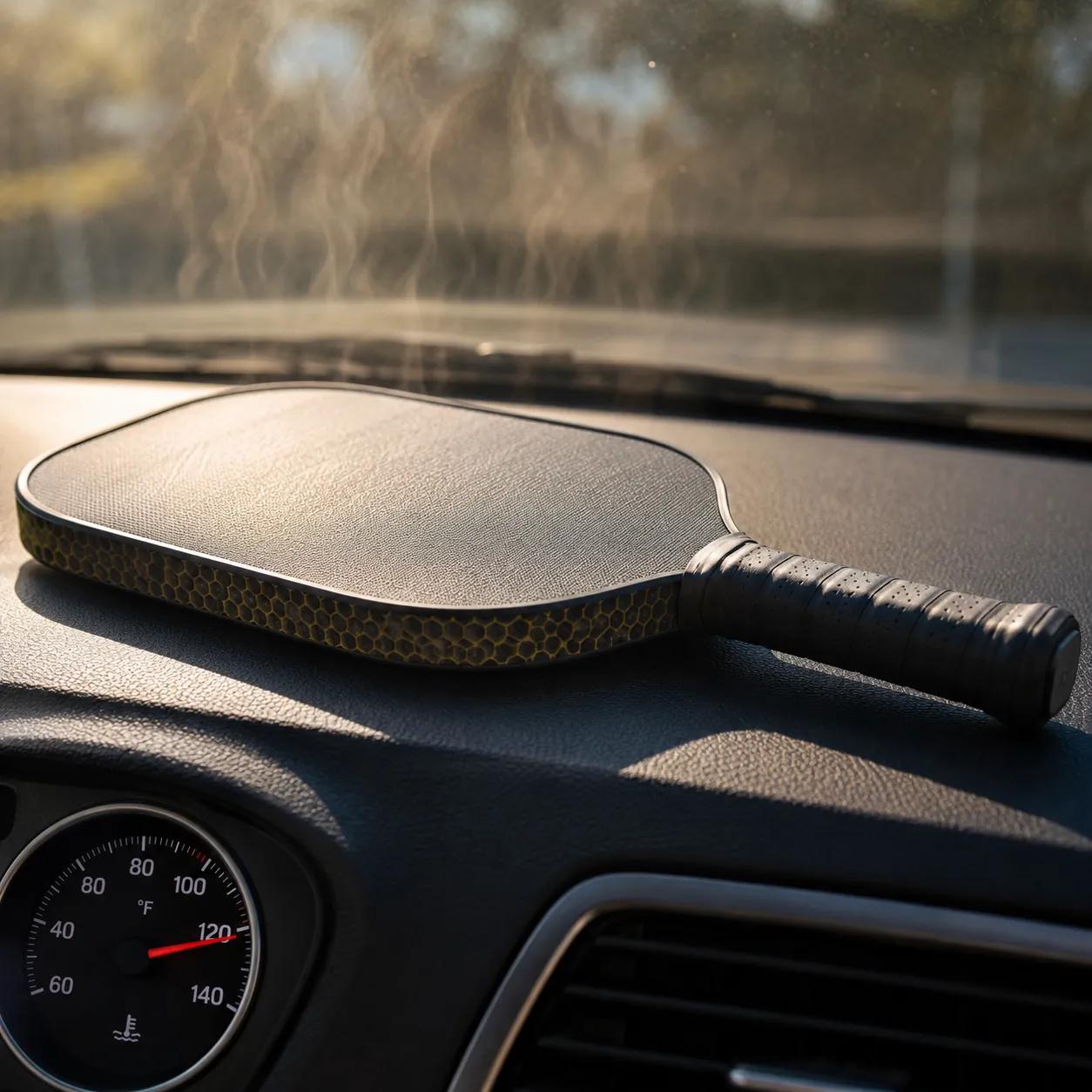 Hyper-realistic photography, a pickleball paddle sitting on a car dashboard under intense sunlight, heat waves visible above the paddle, dashboard temperature gauge showing 120F, dramatic side lighting, detailed texture of fiberglass face and honeycomb core edge, no text, no brand logo