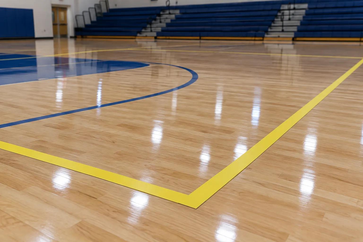 Corner of a temporary pickleball court marked with flat yellow removable line strips lying on a varnished maple gym floor, with a blue painted basketball key line nearby and empty bleachers behind