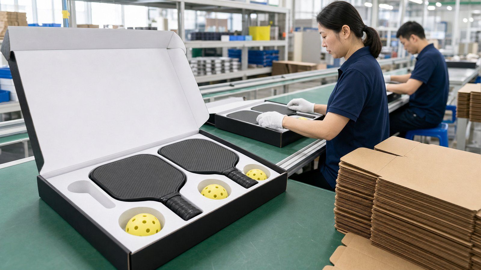 Factory kitting bench with an open printed retail pickleball set box holding two black paddles and three yellow balls in a moulded insert tray, workers assembling further sets behind and flat corrugated master cartons stacked alongside