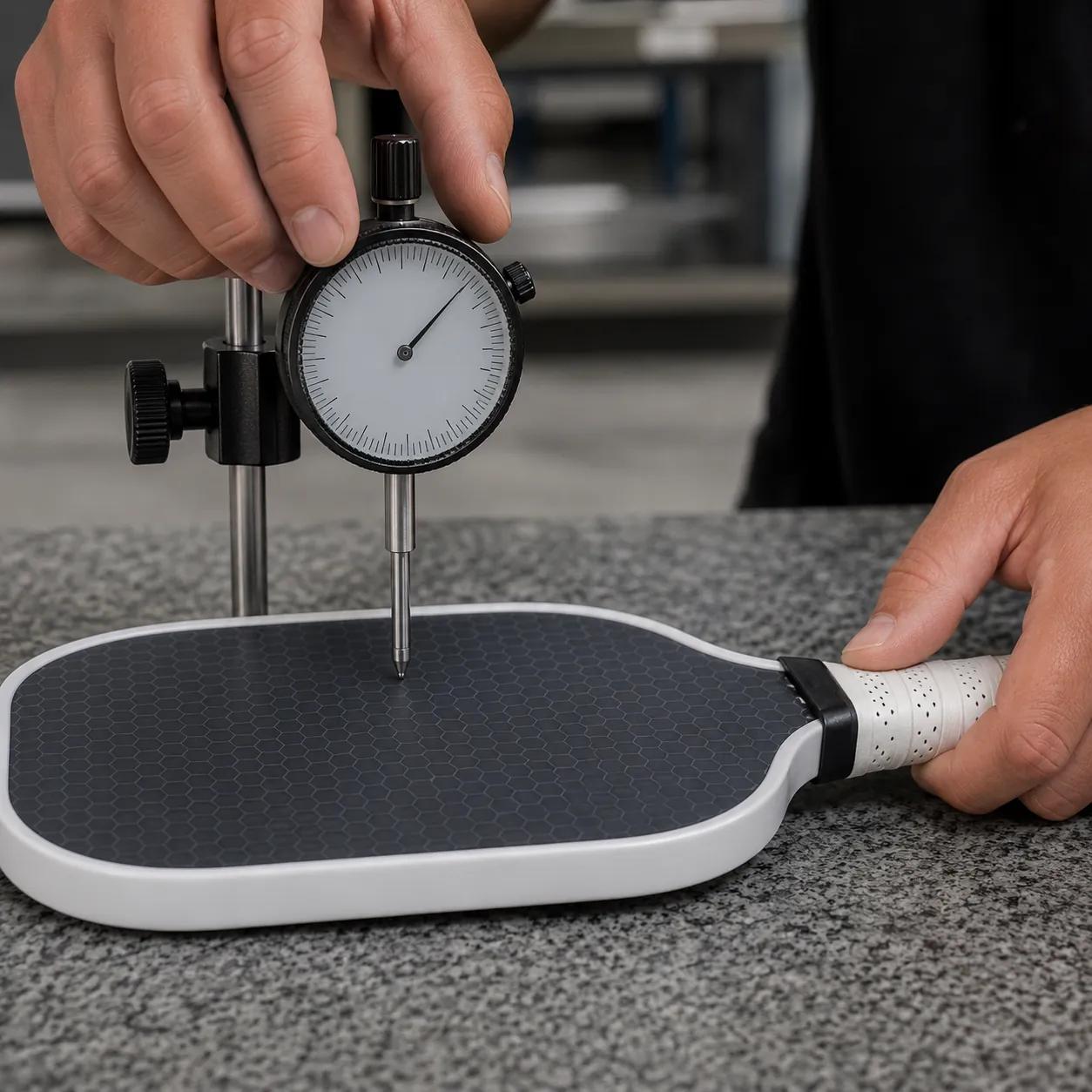 Hyper-realistic product photography, close-up of a technician using a dial indicator gauge to measure the gap between a pickleball paddle face and a flat granite surface, workshop environment, crisp lighting, sharp focus on gauge needle and paddle surface, no text, no brand logo