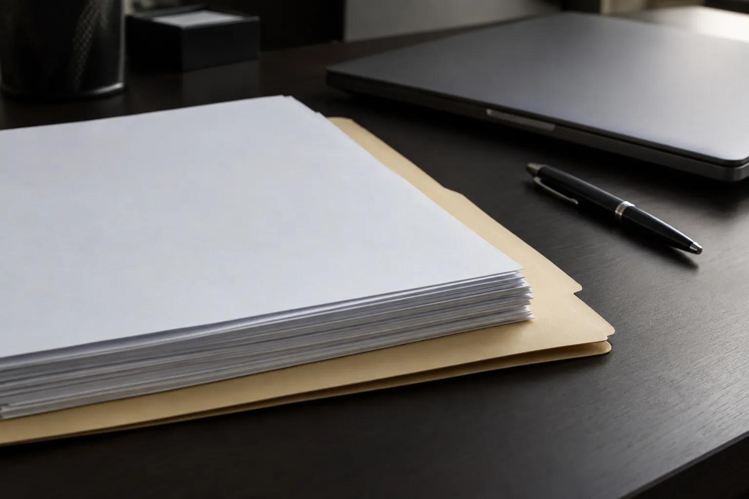 A squared-up stack of blank printed pages resting on a manila folder on a dark desk, with a pen and the edge of a closed laptop beside it