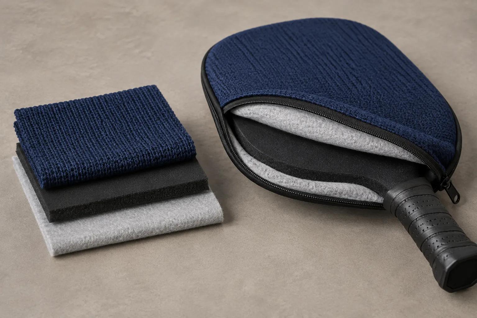 Illustration of outer fabric, cushioning and lining swatches beside a paddle sleeve