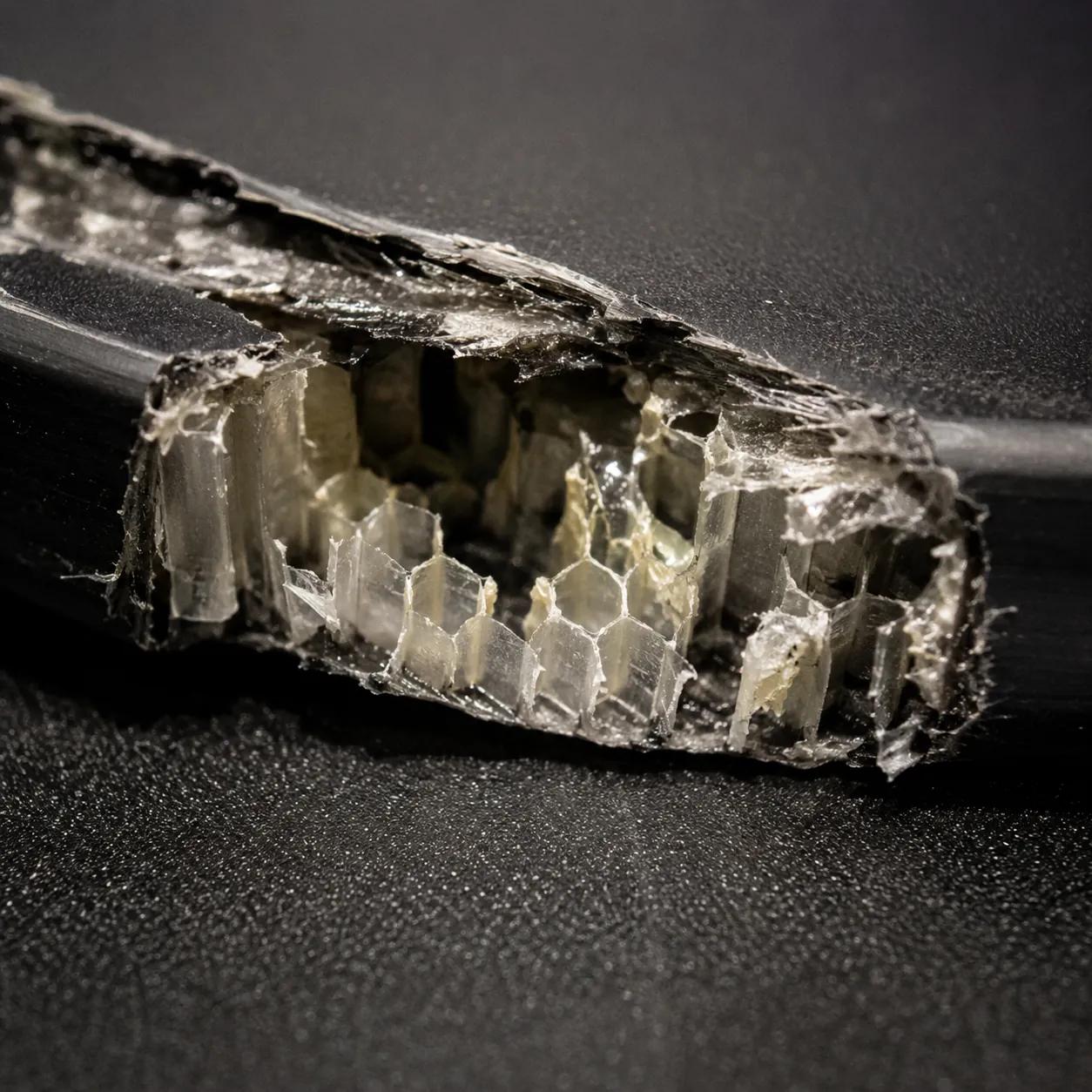 Hyper-realistic macro photography, close-up of a damaged pickleball paddle with delaminated face sheet and crushed honeycomb core visible at the edge, broken fibers, harsh inspection light casting shadows, detailed textures of shattered resin and core, no text, no brand logo