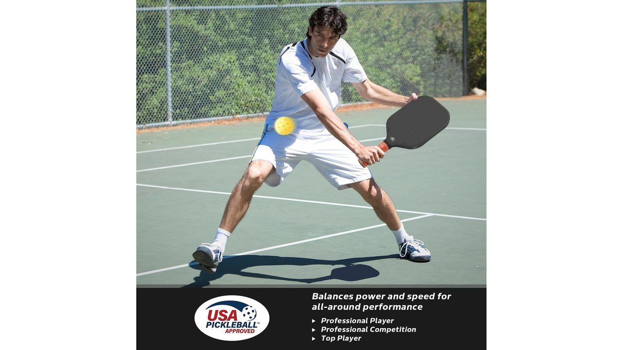 A player mid-swing with a pickleball paddle, the retail buyer that 19 CFR 134.1(d) defines as the ultimate purchaser the origin mark must reach