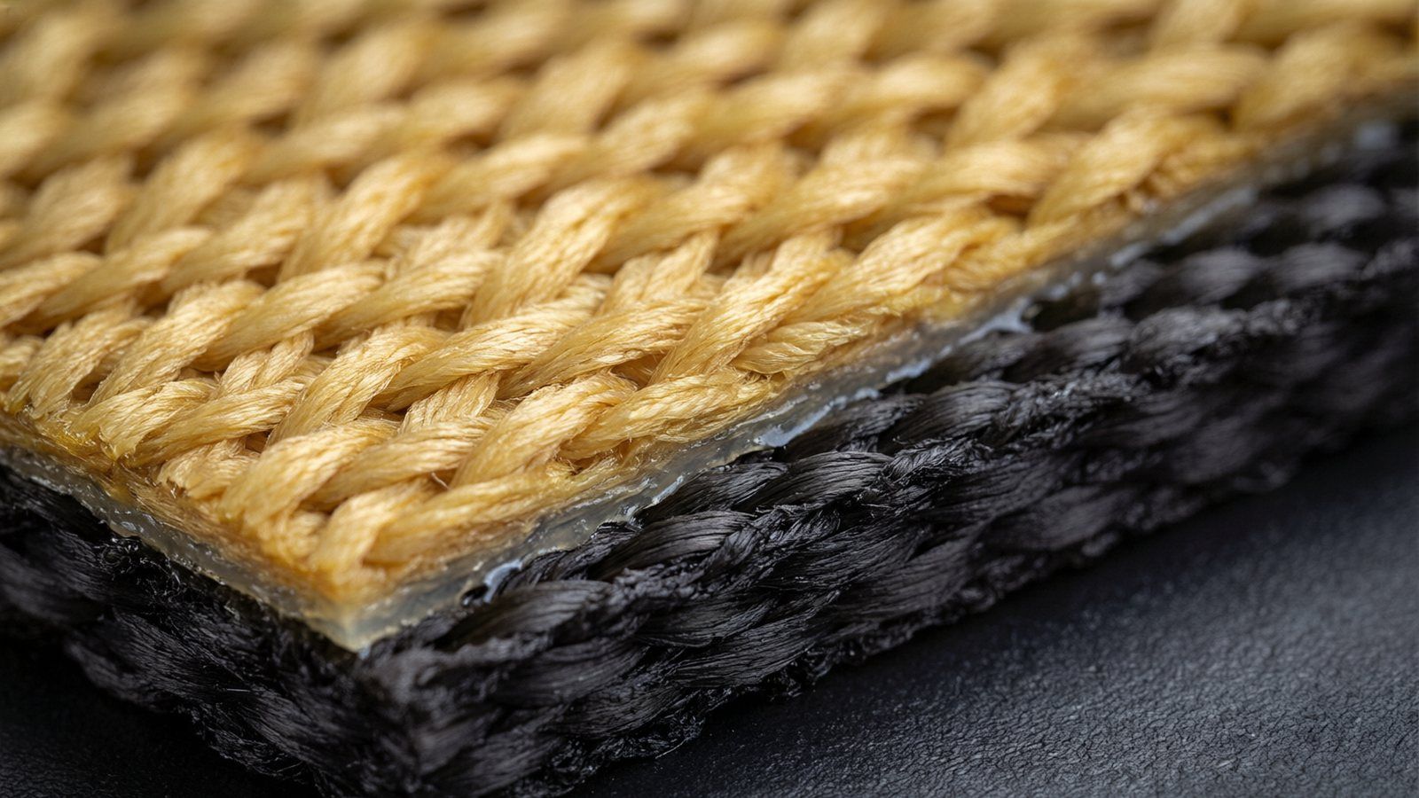 Cross-section of a hybrid composite layup with a golden-yellow woven aramid layer bonded over a black woven carbon-fibre layer, a thin translucent resin line visible between them