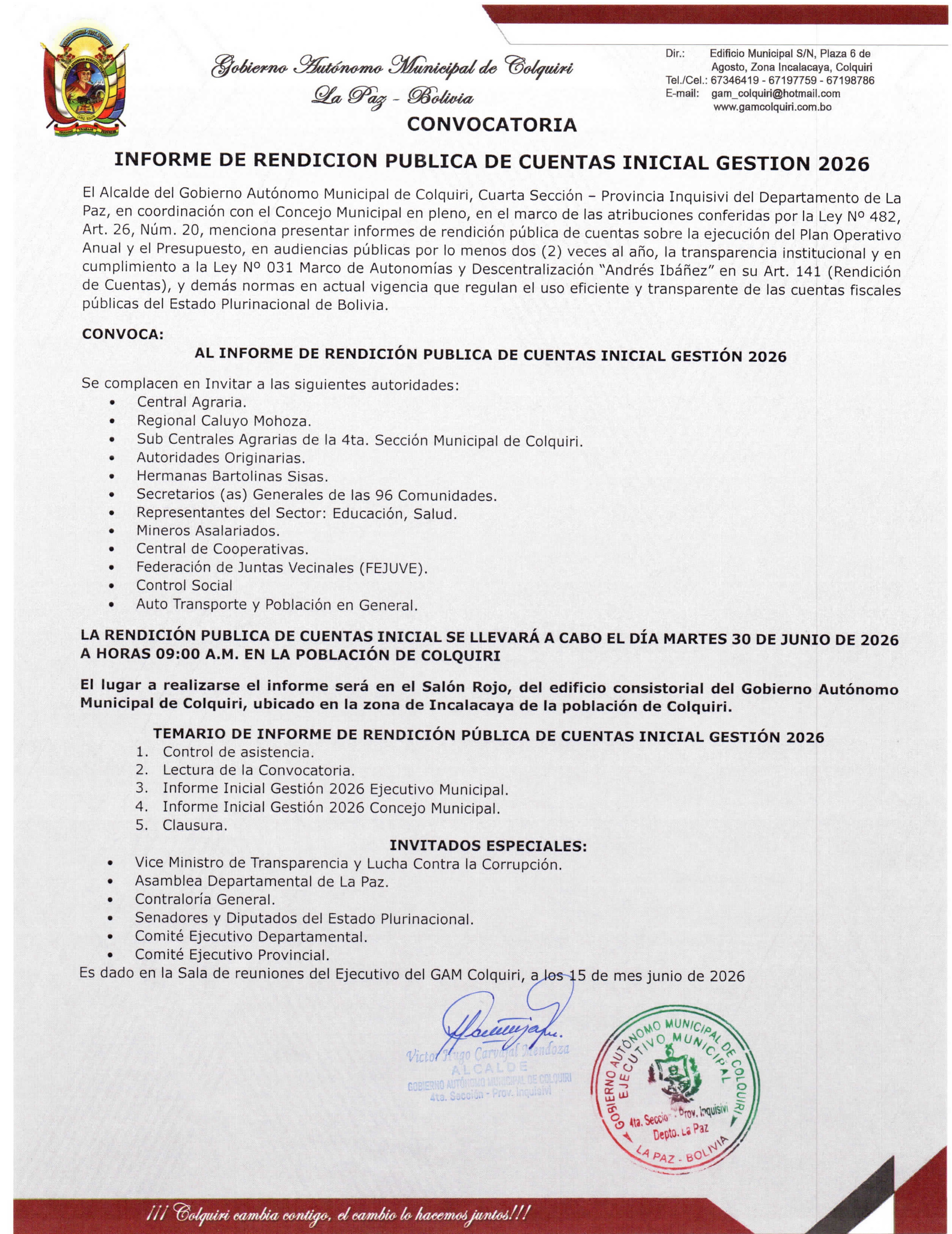 INFORME DE RENDICIÓN PÚBLICA DE CUENTAS INICIAL GESTIÓN 2026
