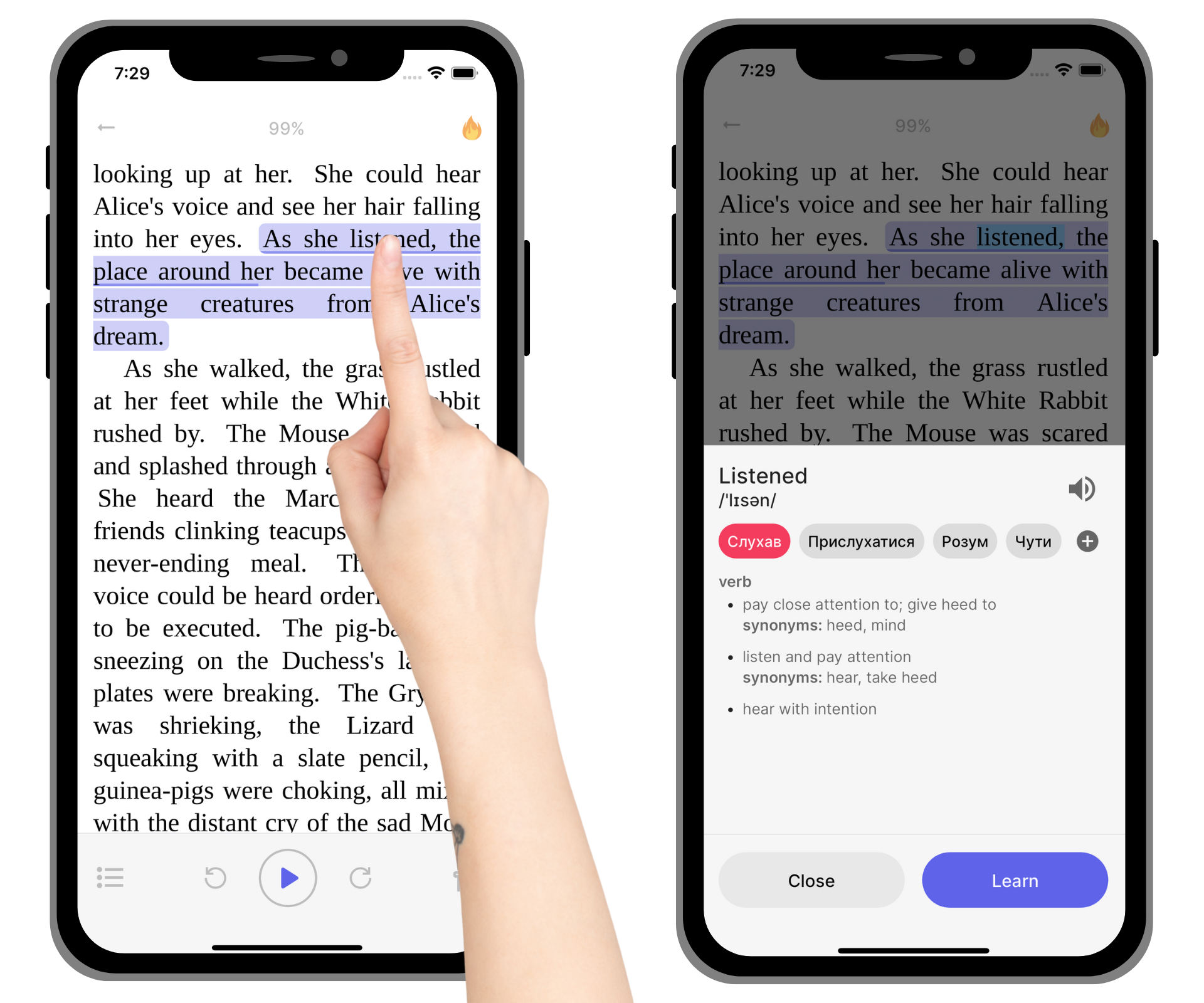 Bookvo reader and built-in dictionary