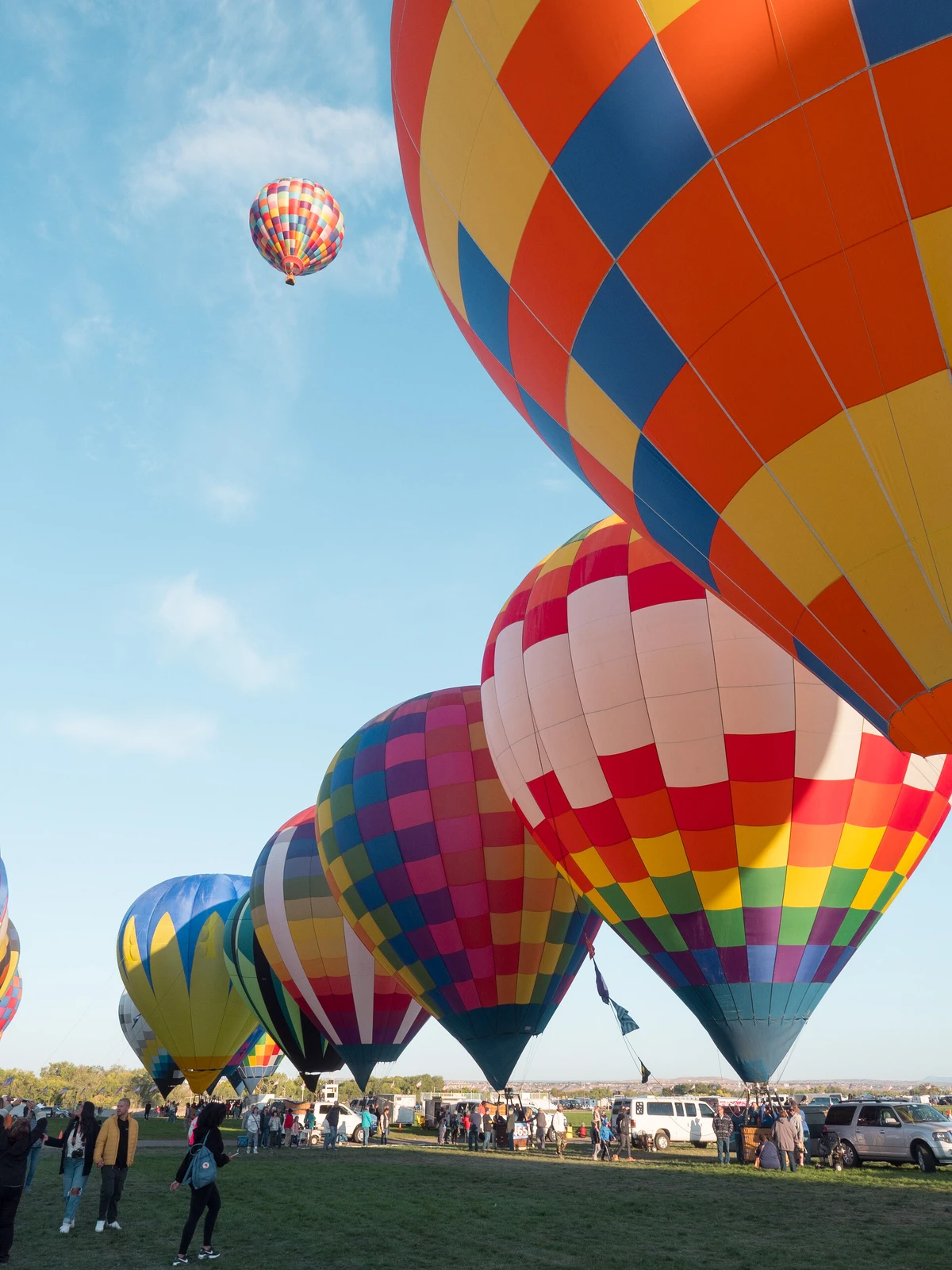 A long row of inflated hot-air balloons on the field at dawn as crowds gather, one balloon already aloft
