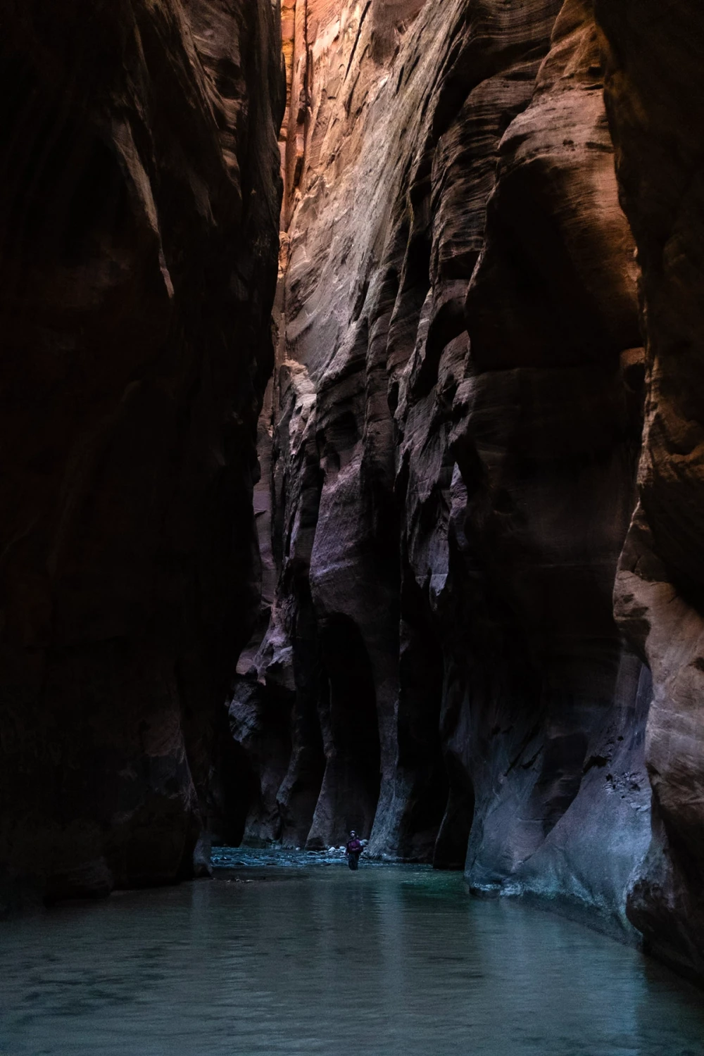 Reflected light glowing on a curving canyon wall above the calm green river