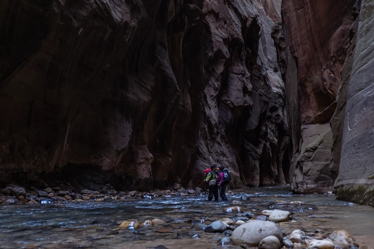 Two hikers wading across the Virgin River below towering canyon walls
