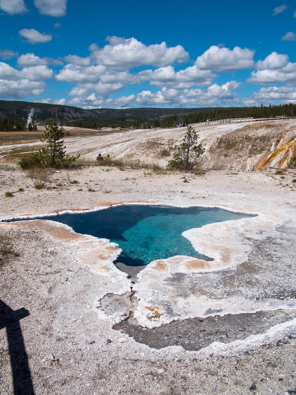 A deep blue hot spring rimmed with white mineral crust, a broad geyser basin and puffy clouds stretching behind it