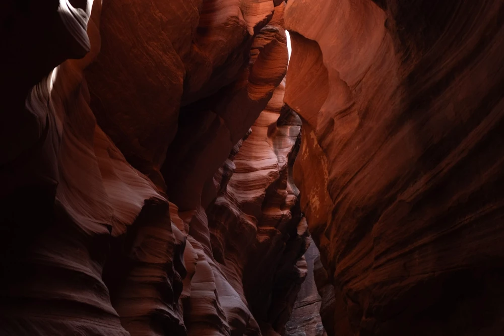Layered red and cream sandstone folds lit by reflected light inside the canyon