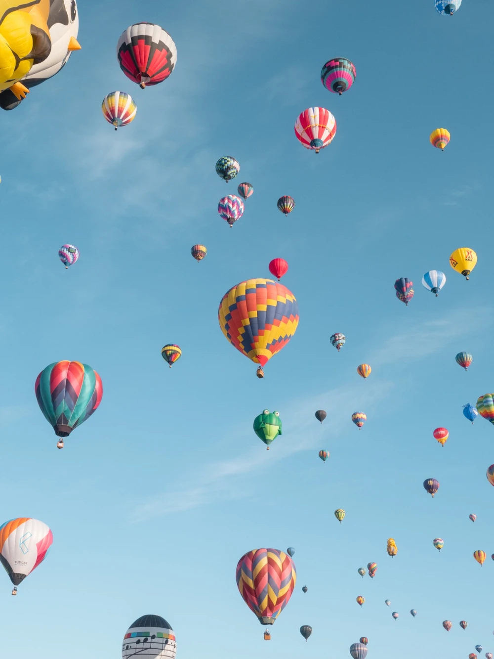A sky crowded with dozens of hot-air balloons of every color, including animal special-shape balloons