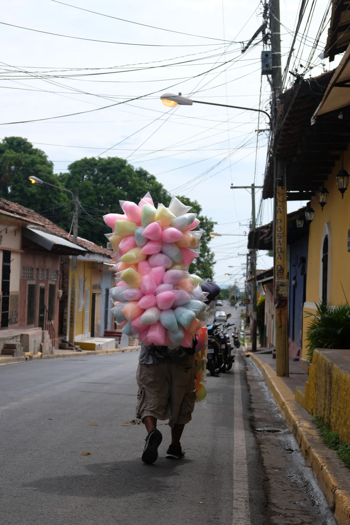 A street vendor walking near the lakefront carrying a huge bundle of pastel cotton candy