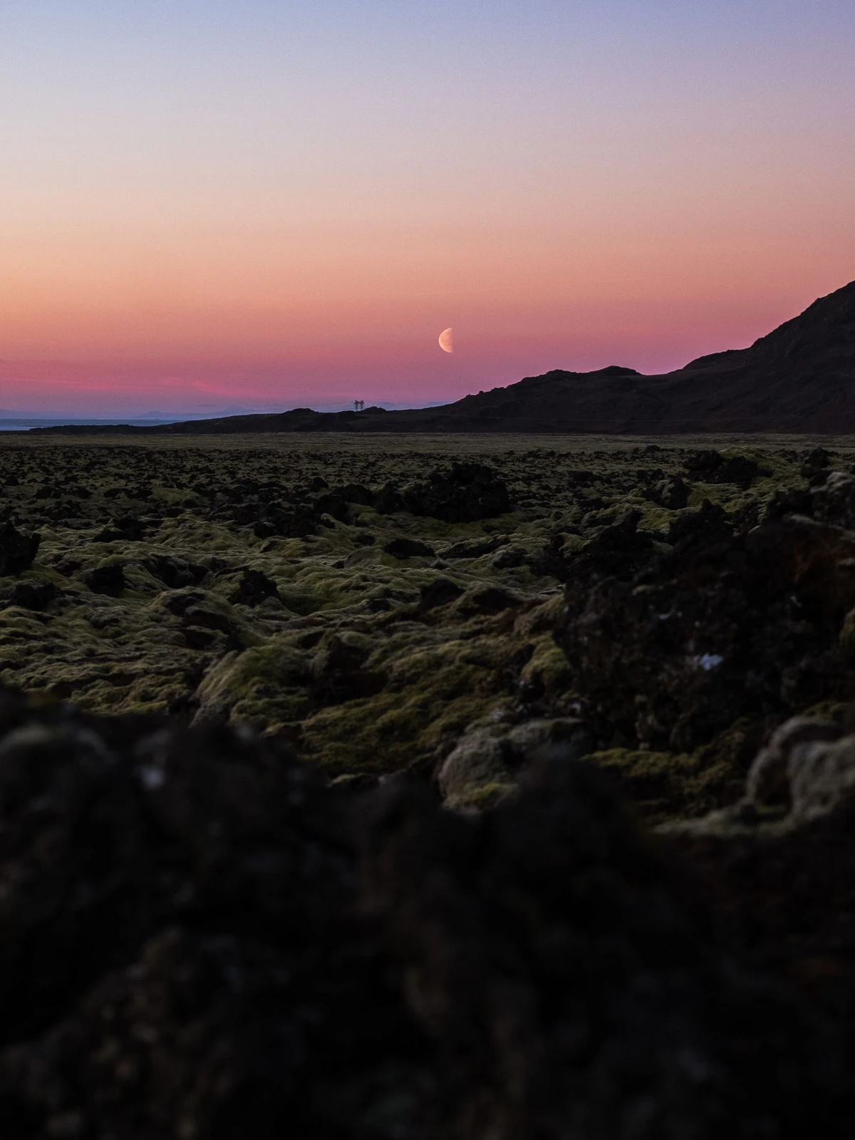 Twilight over the mossy Eldhraun lava field with a pink sky and a crescent moon above a dark ridge