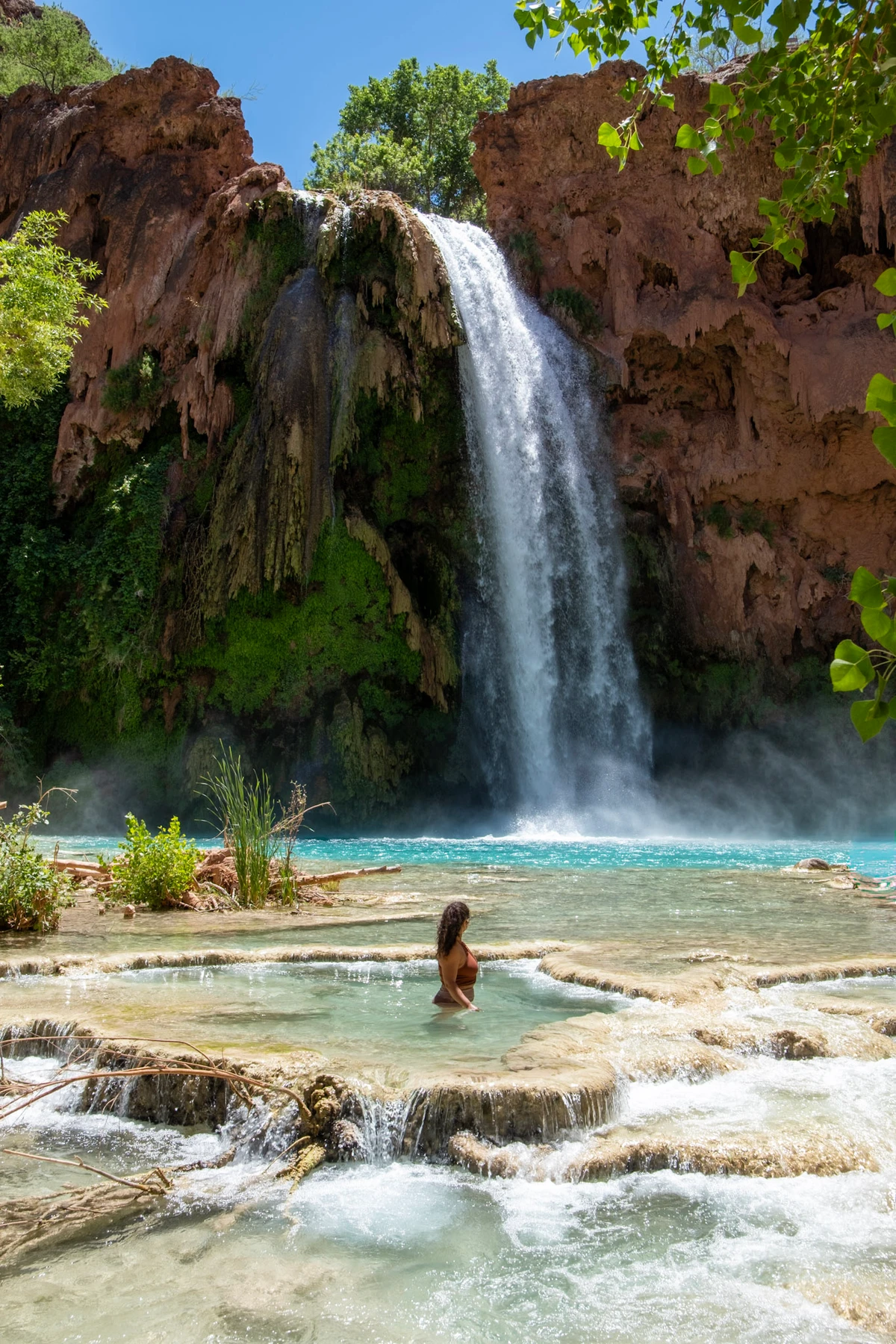 A person sitting in the turquoise travertine pools below Havasu Falls, the tall waterfall pouring over red rock framed by green cottonwoods