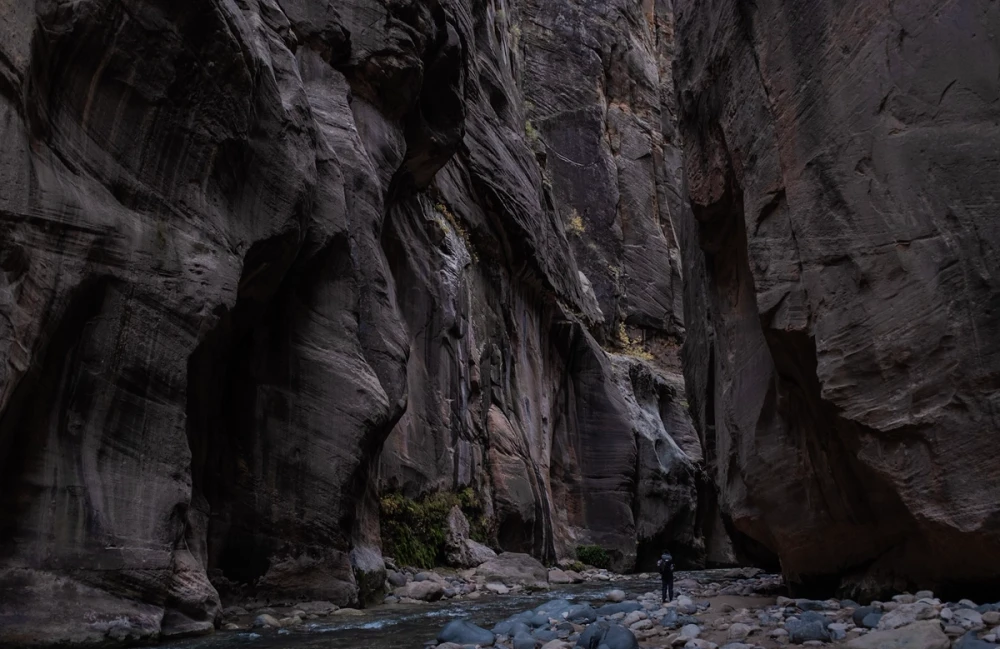 A tiny figure dwarfed by immense dark sandstone walls deep in Zion Canyon