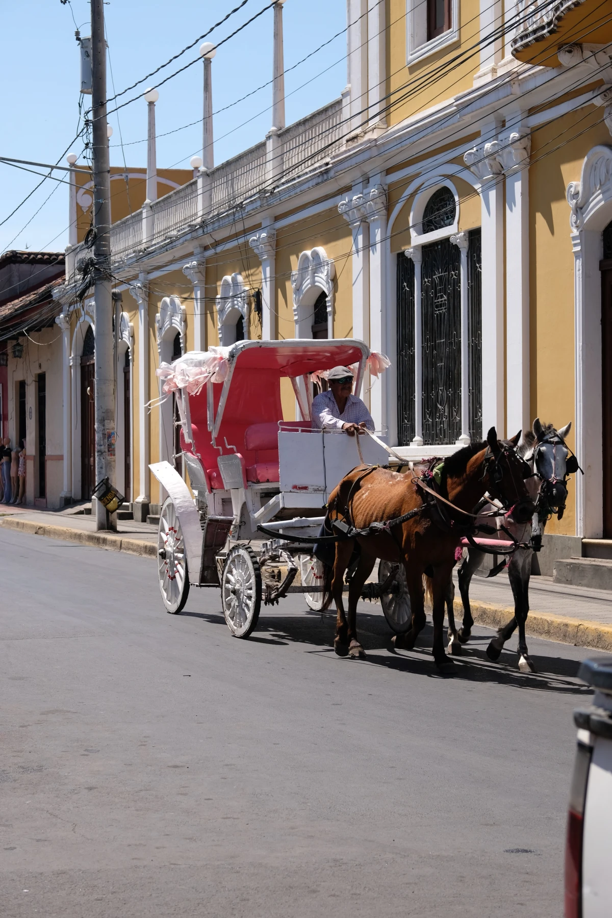 A line of horse-drawn carriages waiting in front of a long yellow colonial arcade with white columns in Granada