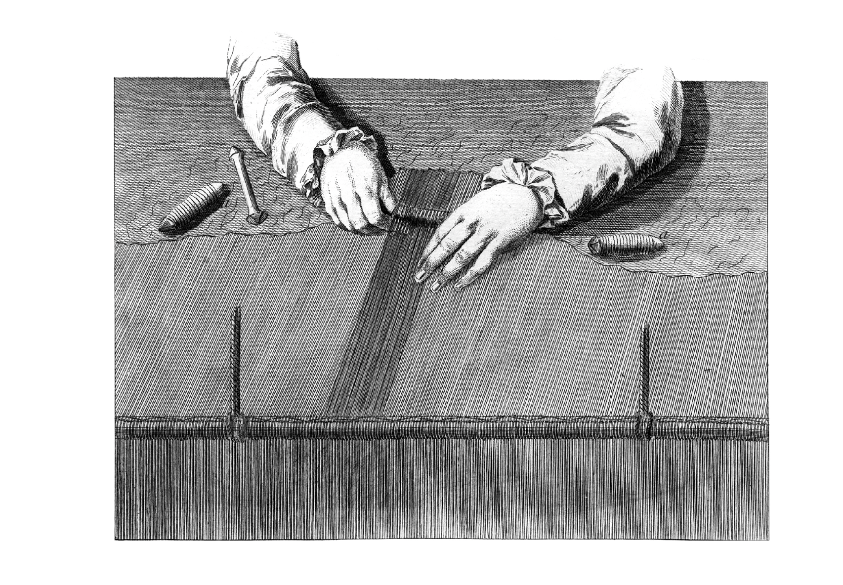 Black and white illustration of a woman's hands weaving