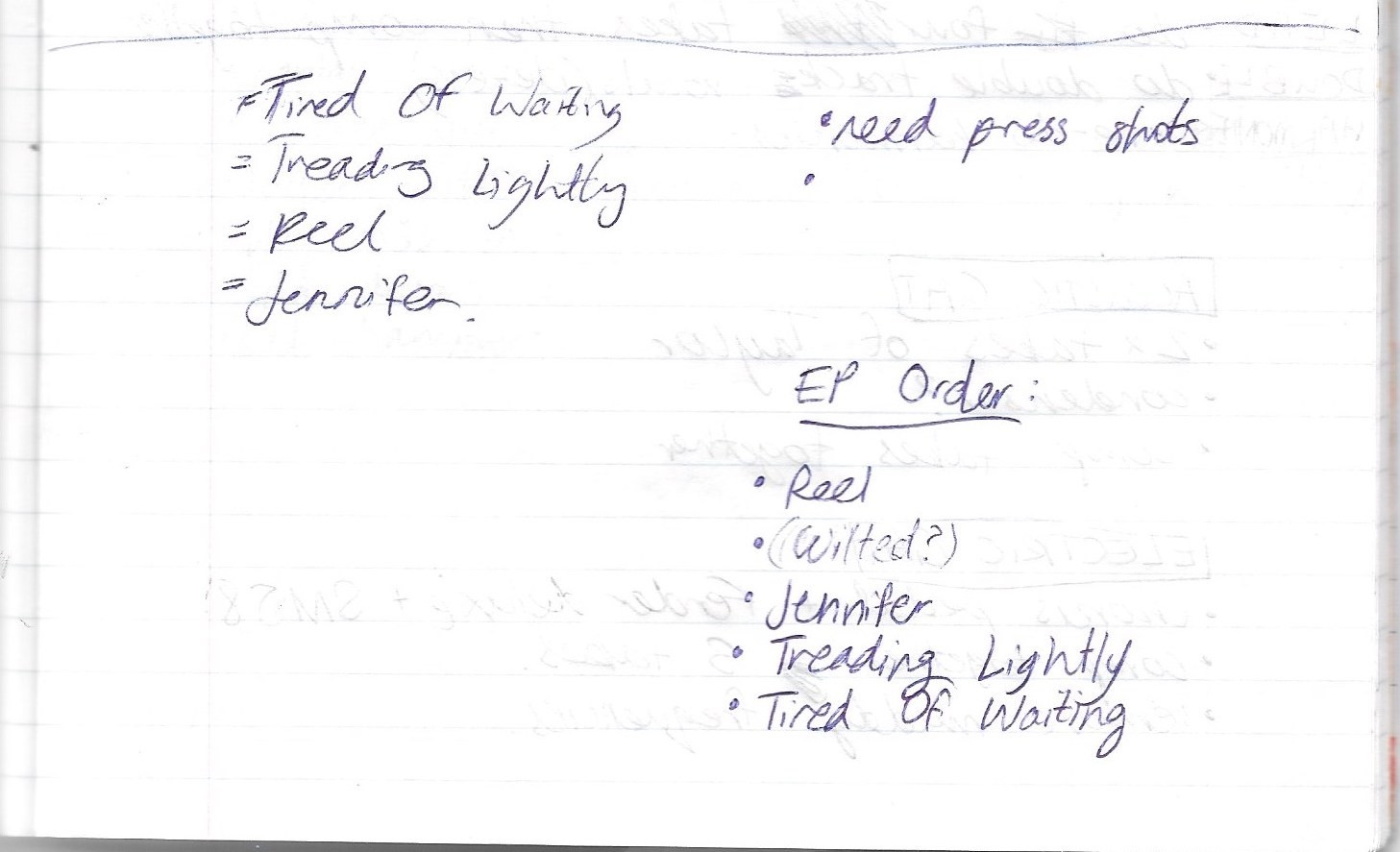 notebook notes planning the EP order and launch