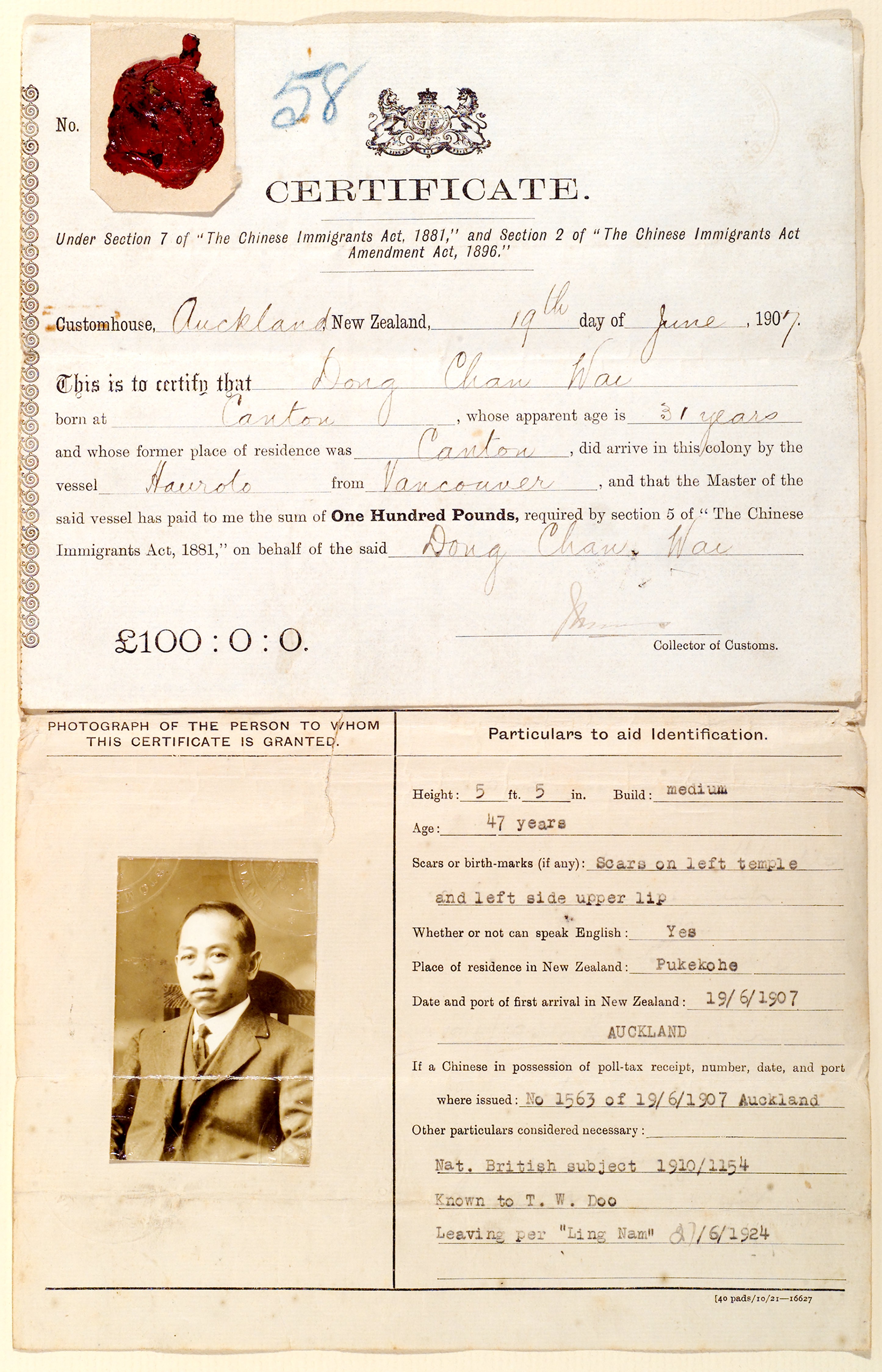 An photo of a Poll Tax certificate. The document is stamped with a red wax seal alongside customs certification of the sum of one hundred pounds paid. The document also includes a photo of a Chinese immigrant and 'particulars to aid identification'.