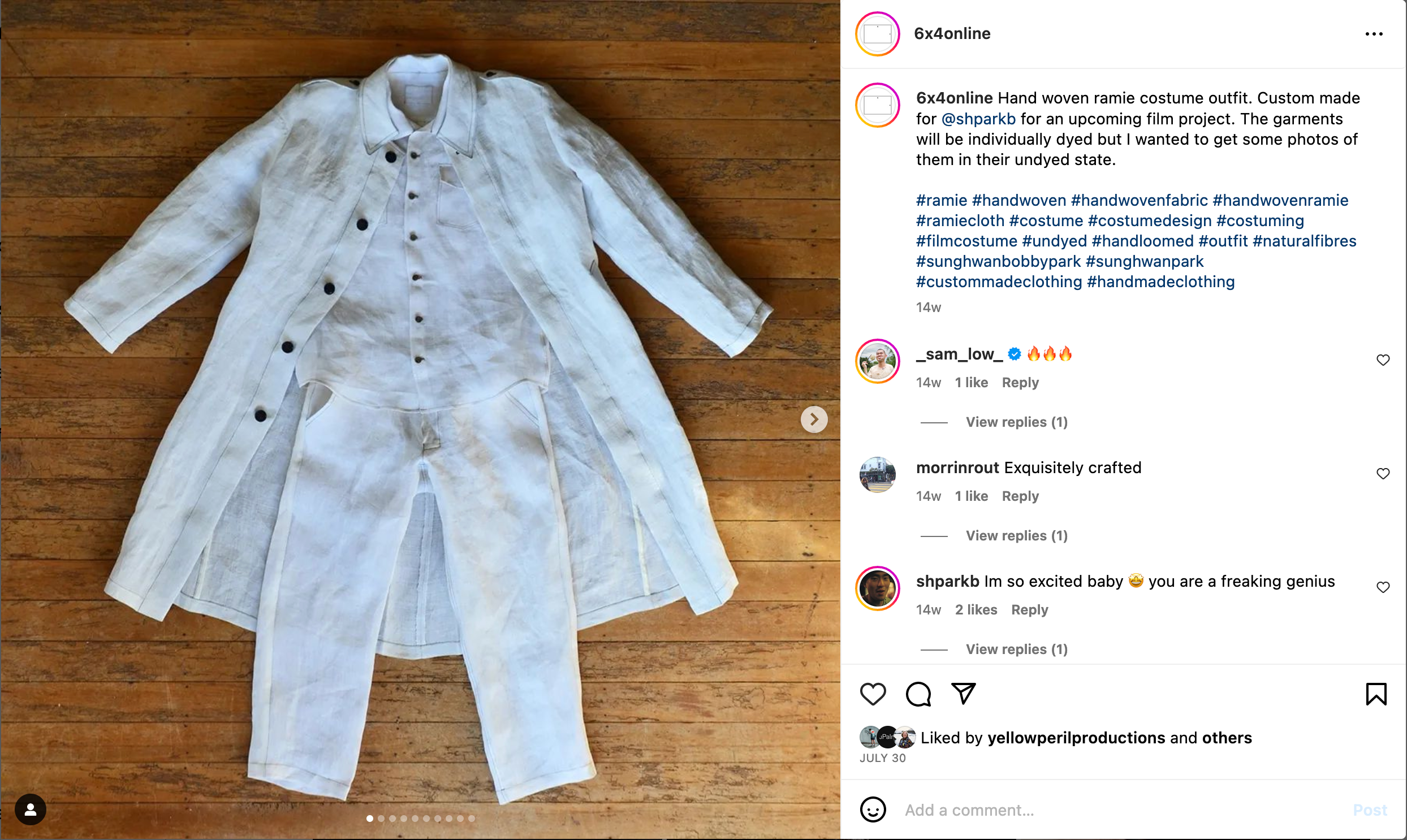 Screenshot of an Instagram post of an undyed jacket, shirt and pants