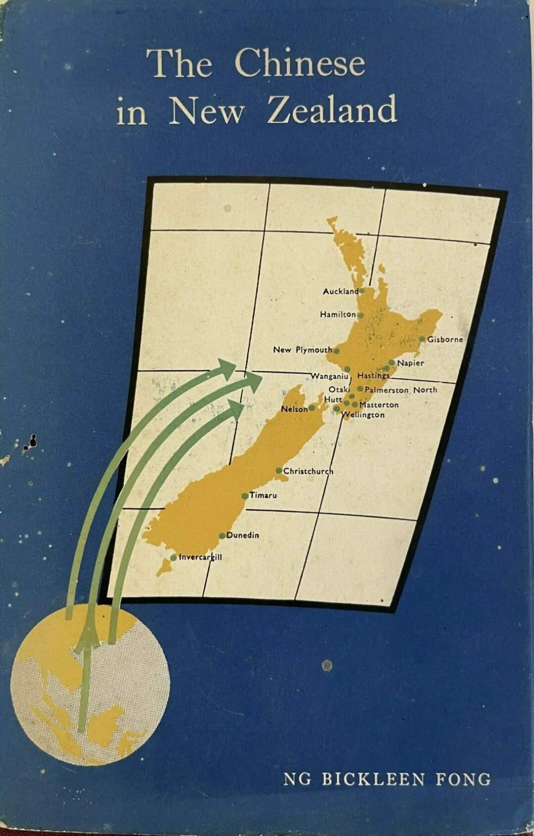 Blue book cover with a map of New Zealand and inset map of China, with arrows indicating migration.