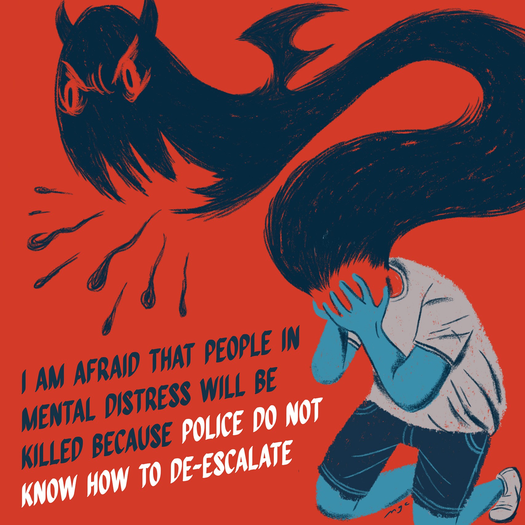 A person cowering on top of a red background with text expressing fear of police brutality.  