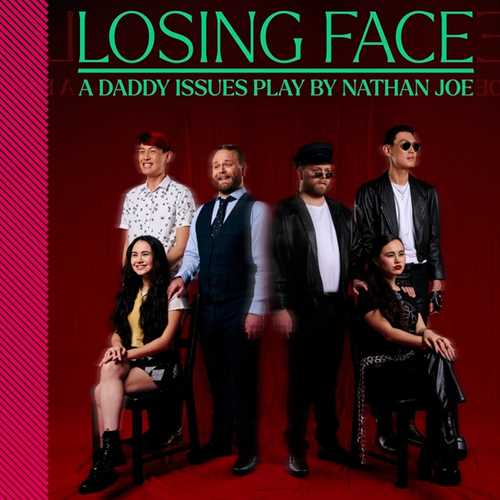 A group of Asian castmembers are posed for a group photo on a programme cover, with the title 'Losing Face'