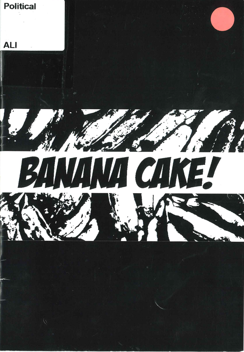 A black and white photo of bananas on a black background with the words "BANANA CAKE!" in bold black text. 