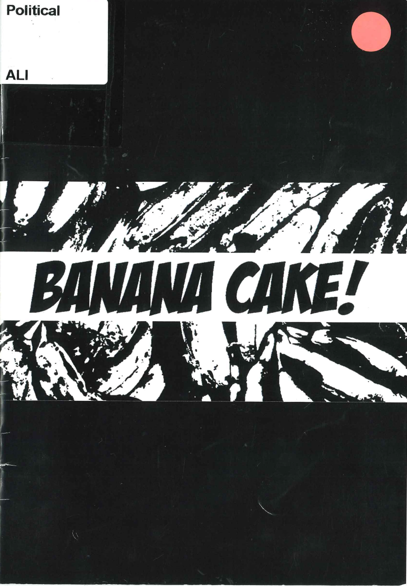 A black and white photo of bananas on a black background with the words "BANANA CAKE!" in bold black text.