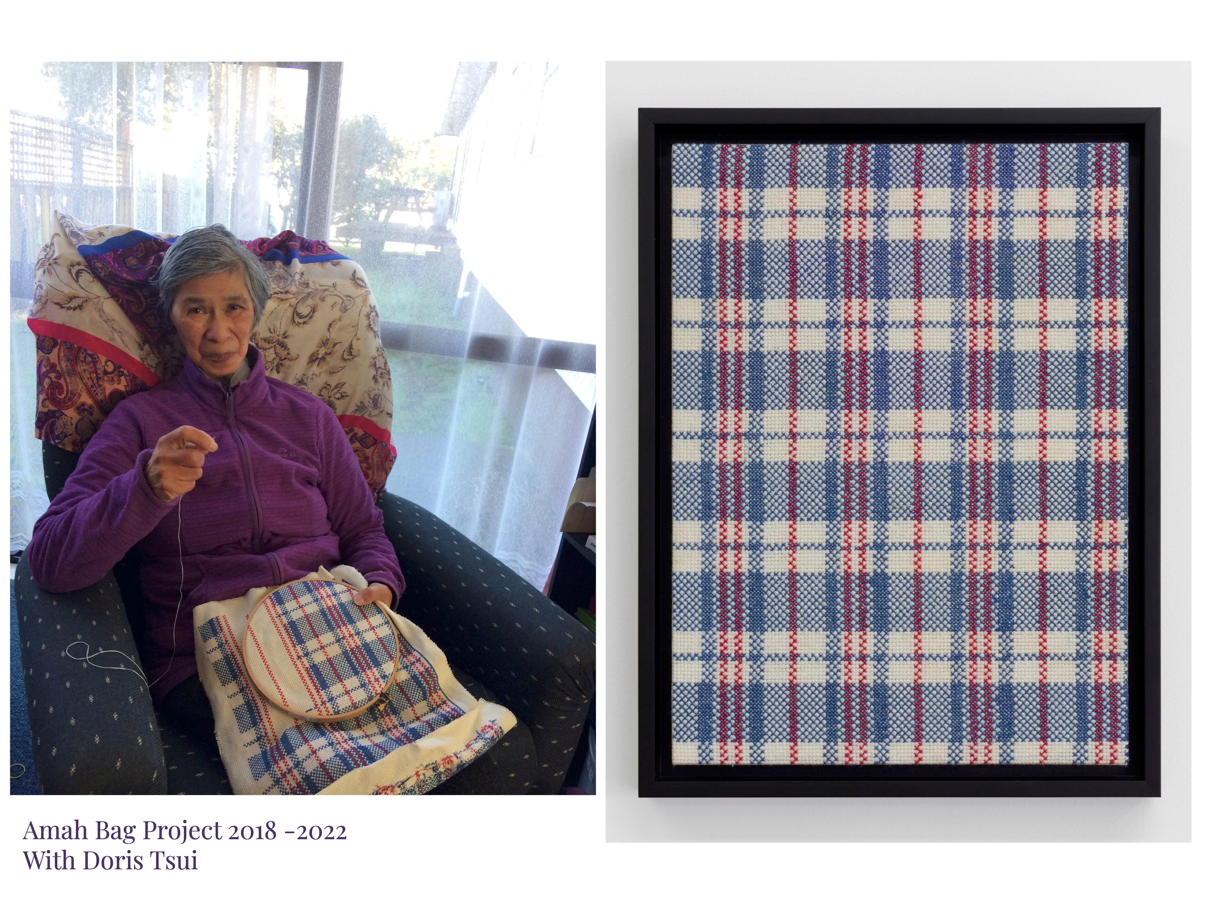 Two photos side by side. One shows an elderly woman working on a cross stitch, the other shows the finished blue, white and red plaid embroidery.